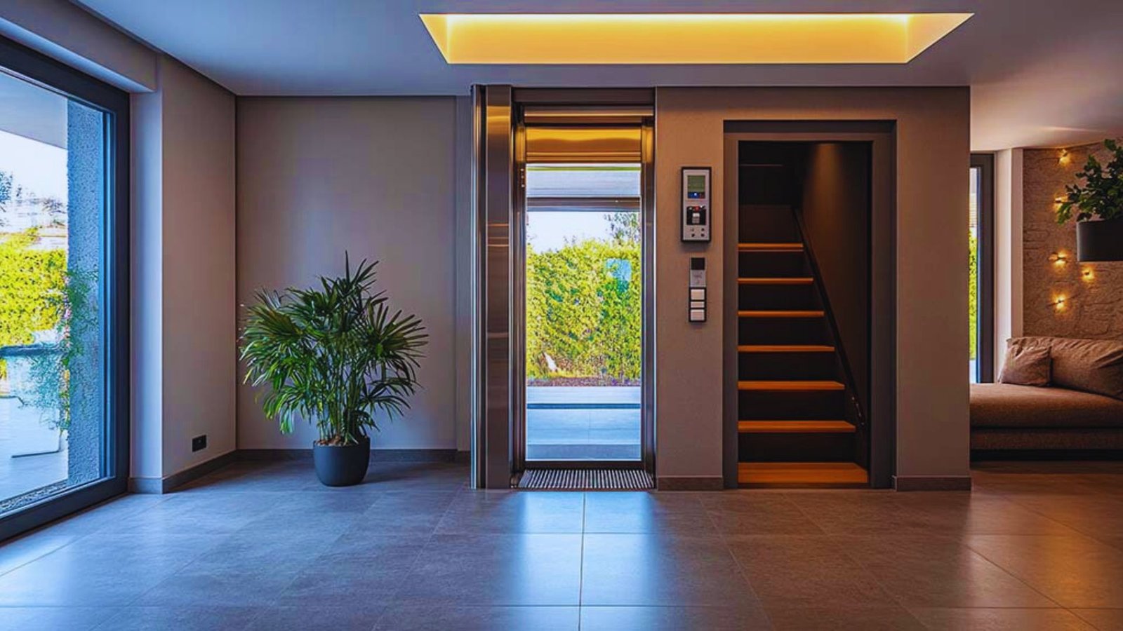 A modern home elevator beside a stylish staircase, showcasing contemporary design and accessibility features.