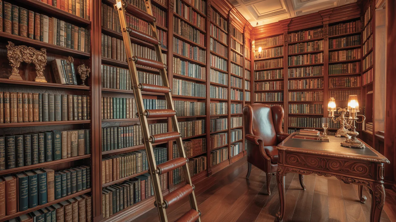 A library interior featuring tall bookshelves and a wooden ladder for accessing higher shelves