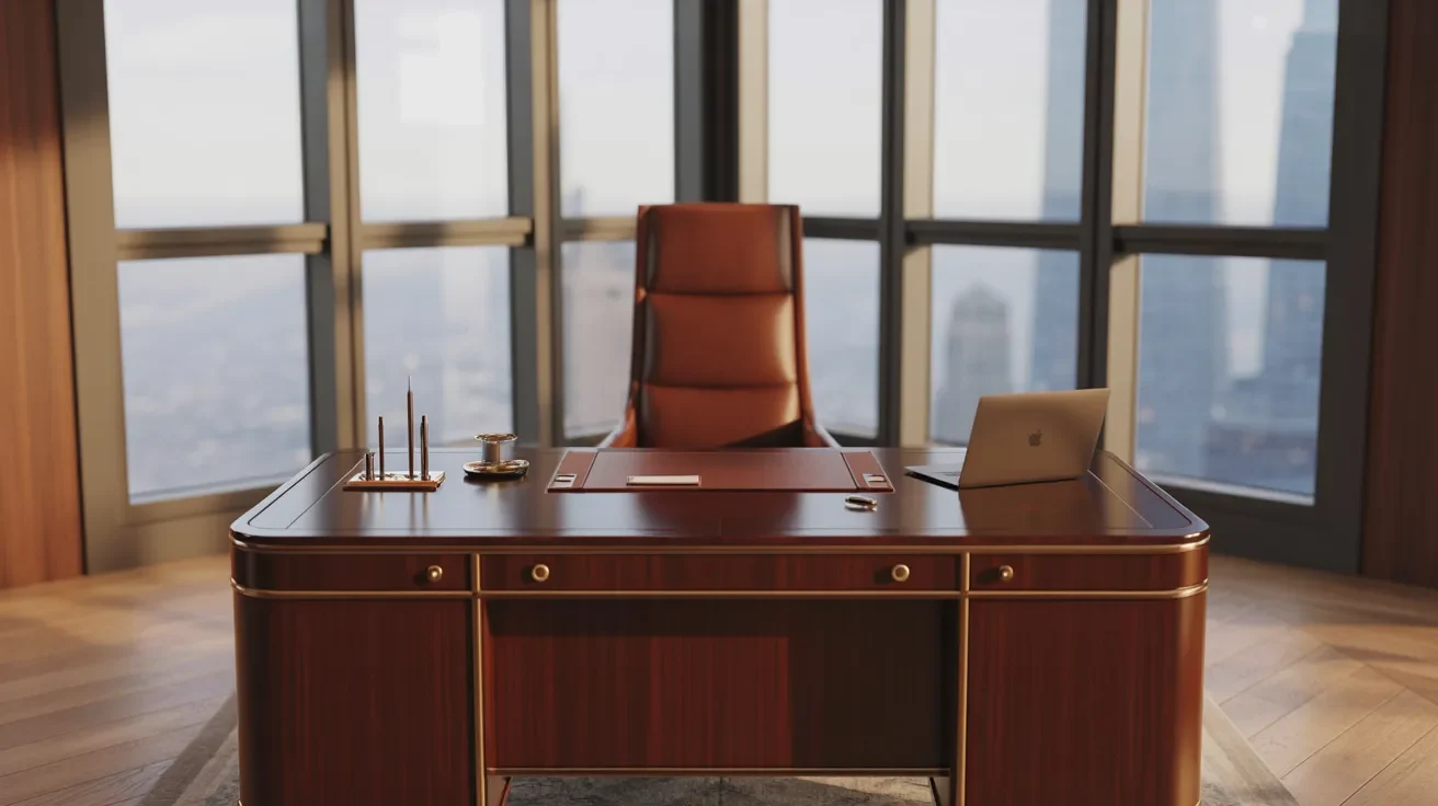 A desk with a laptop and a chair positioned in front of a large window, allowing natural light to illuminate the workspace.