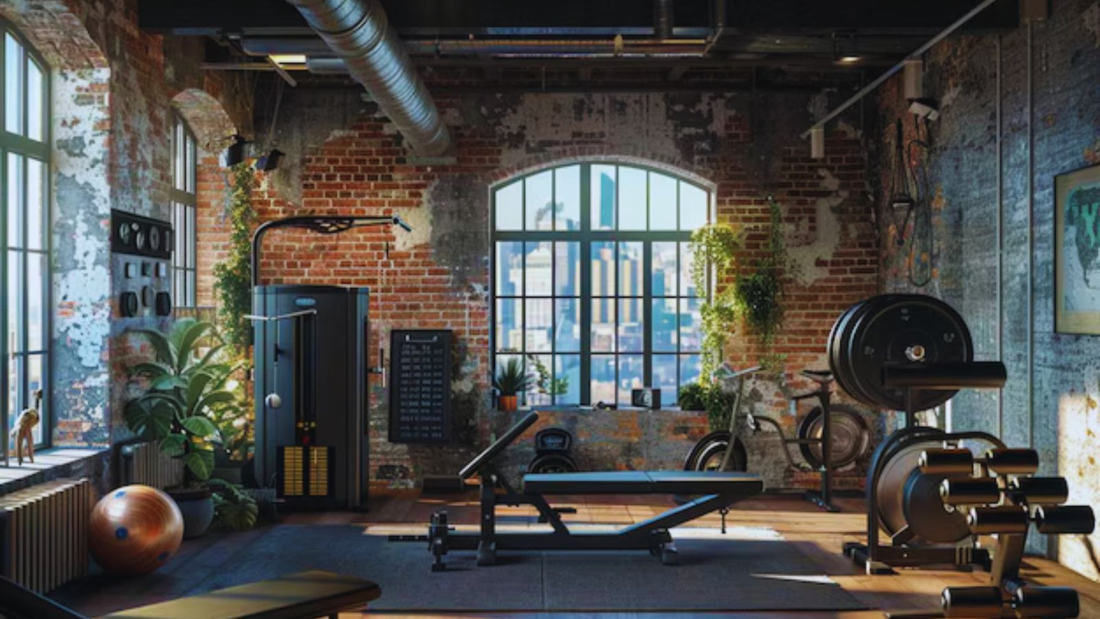 A spacious gym room filled with various fitness equipment, including weights, machines, and exercise mats.