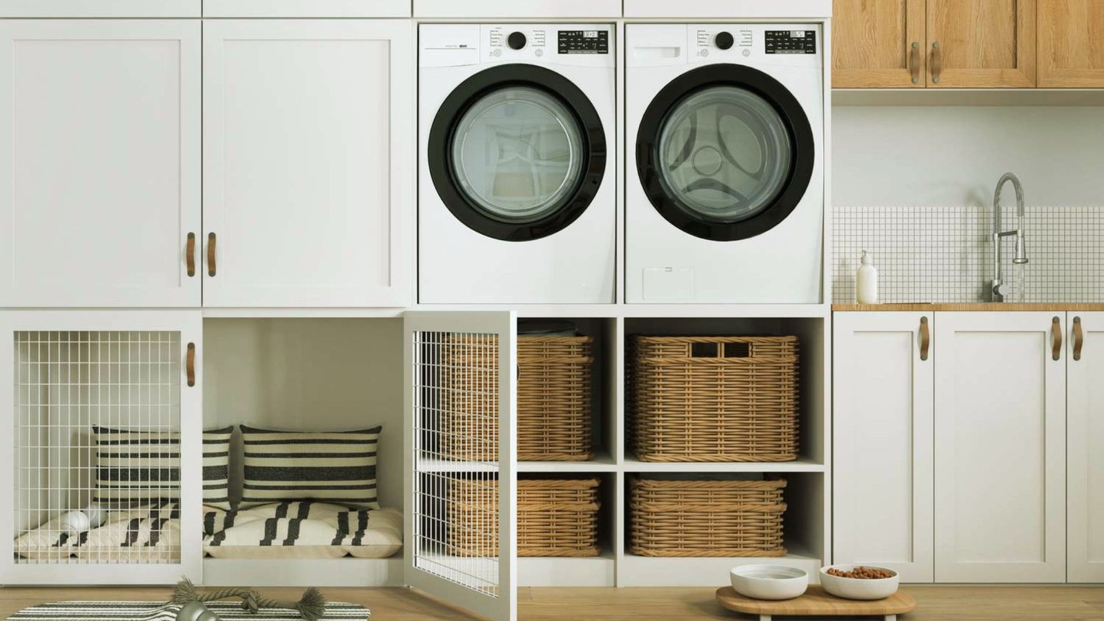  A laundry room featuring a washer and dryer, with shelves and laundry supplies visible in the background.
