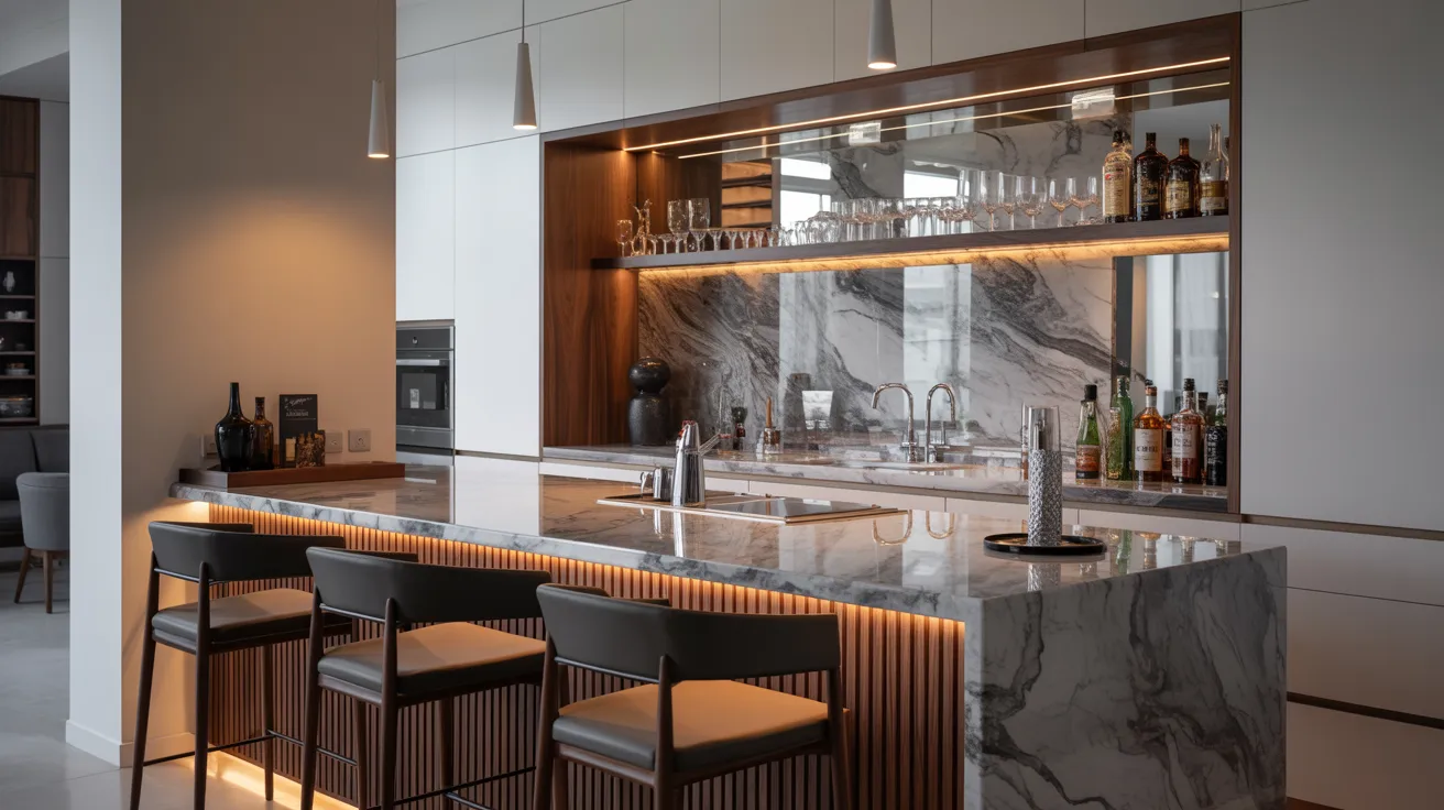 Modern kitchen featuring a sleek marble countertop and a stylish bar area for casual dining.