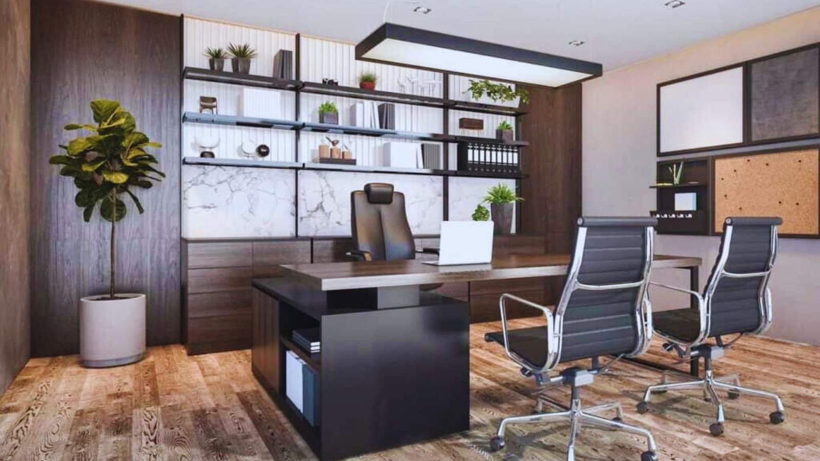 A modern office featuring wooden floors and a sleek desk, creating a professional and inviting workspace.