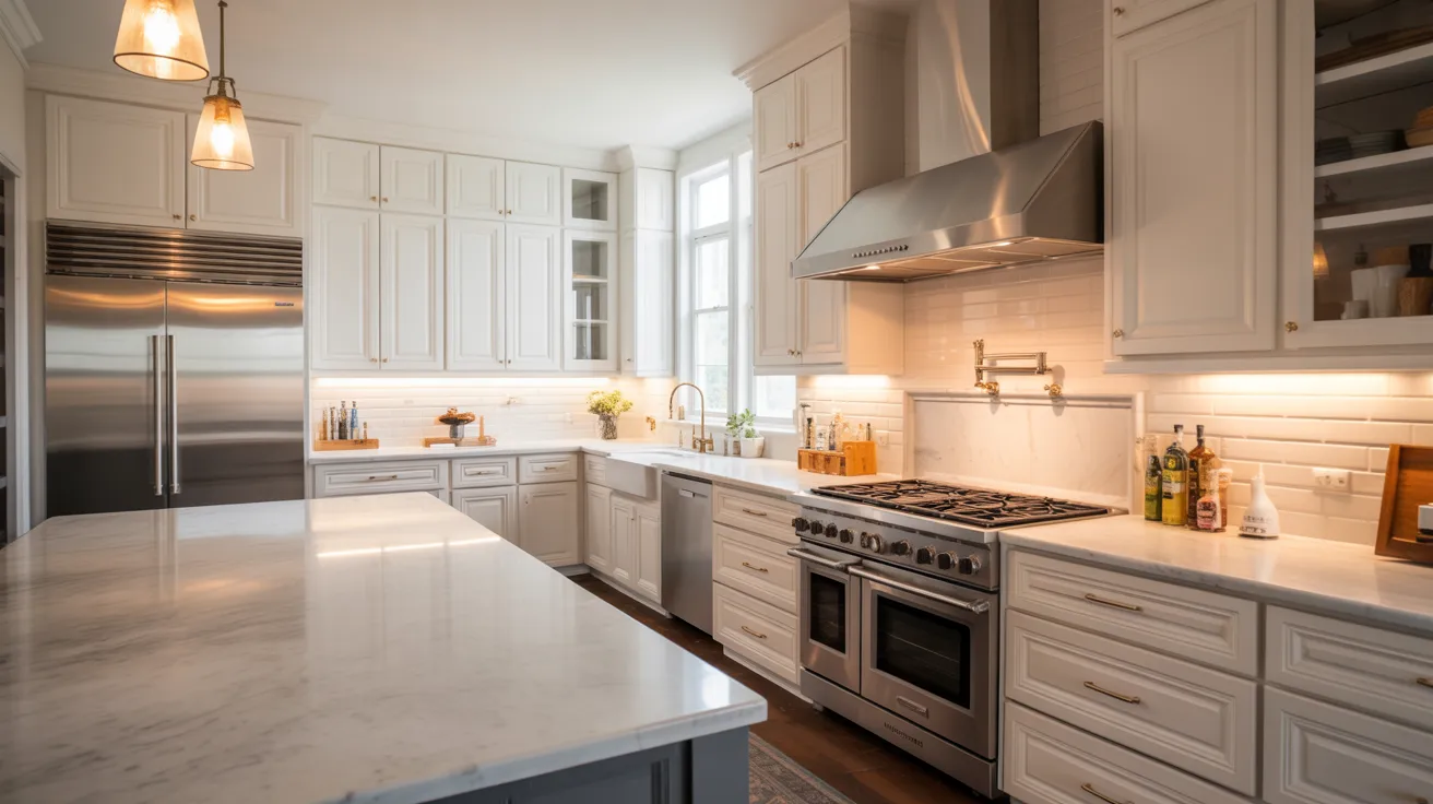 A modern kitchen featuring white cabinets and sleek stainless steel appliances.