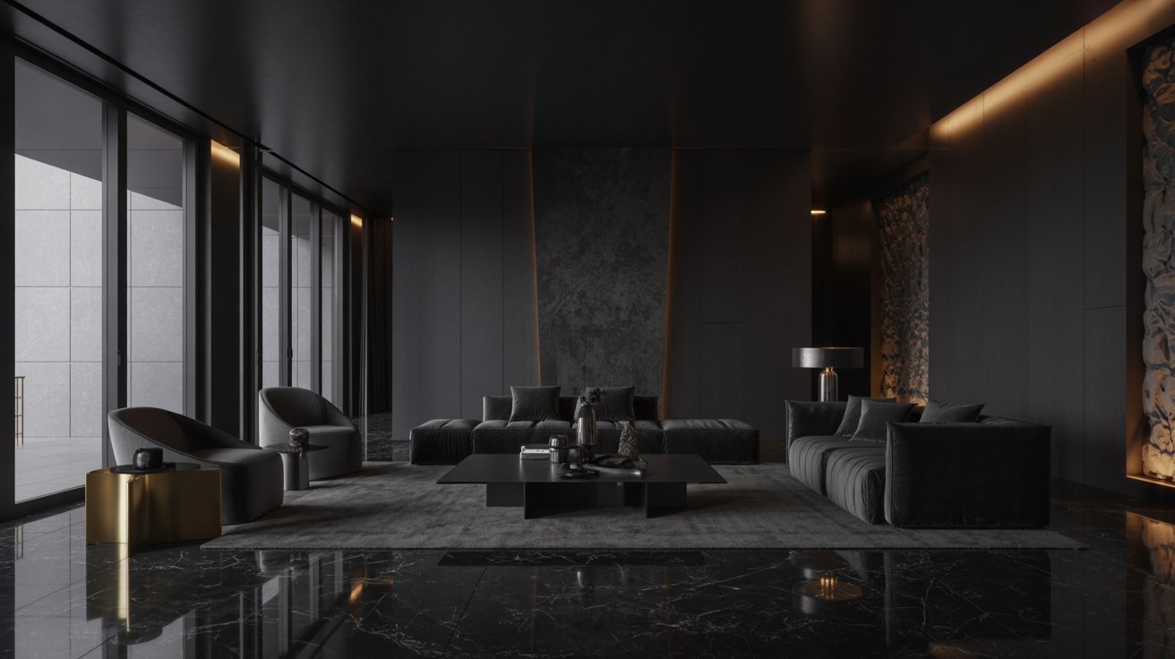 A modern living room featuring sleek black walls and flooring, creating a bold and contemporary atmosphere.