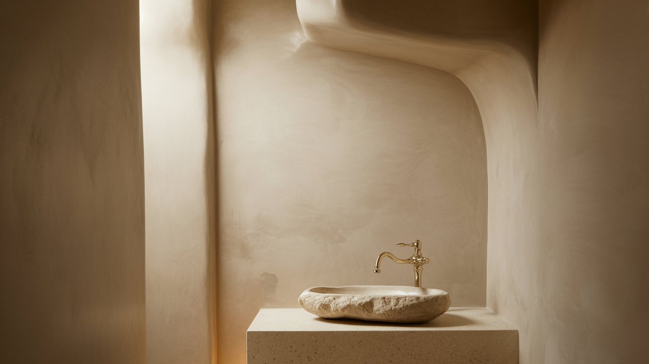 A stylish bathroom with a stone sink and a window, enhancing the space with natural illumination.