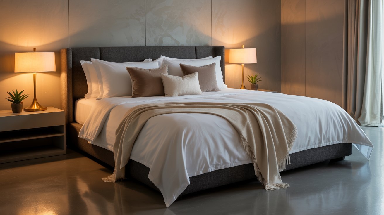 A cozy bedroom featuring a neatly made bed flanked by two stylish lamps on either side.