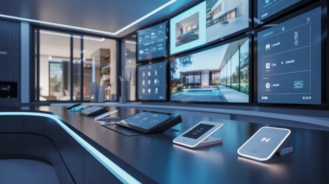 A room featuring a table cluttered with various electronic devices, including laptops, tablets, and smartphones.