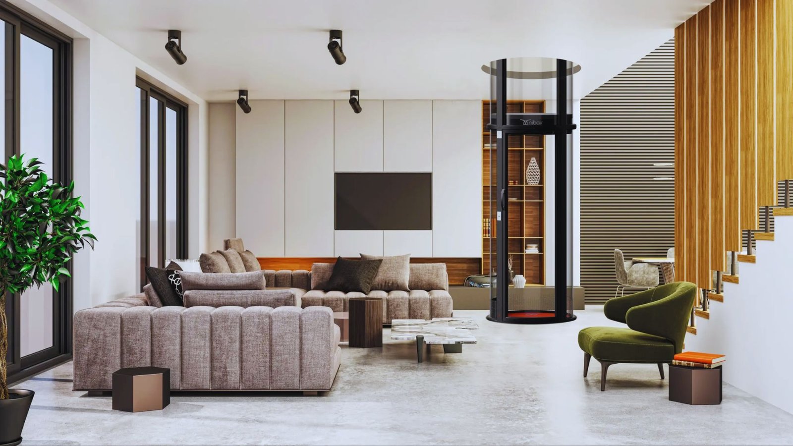 A modern living room featuring a spacious layout and a prominent staircase as a central design element.
