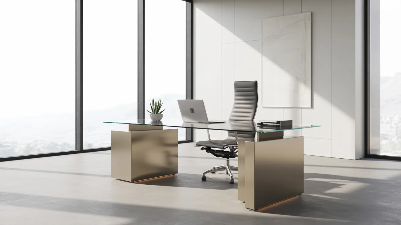 A sleek modern office featuring a glass desk and a stylish chair, emphasizing a contemporary workspace design.