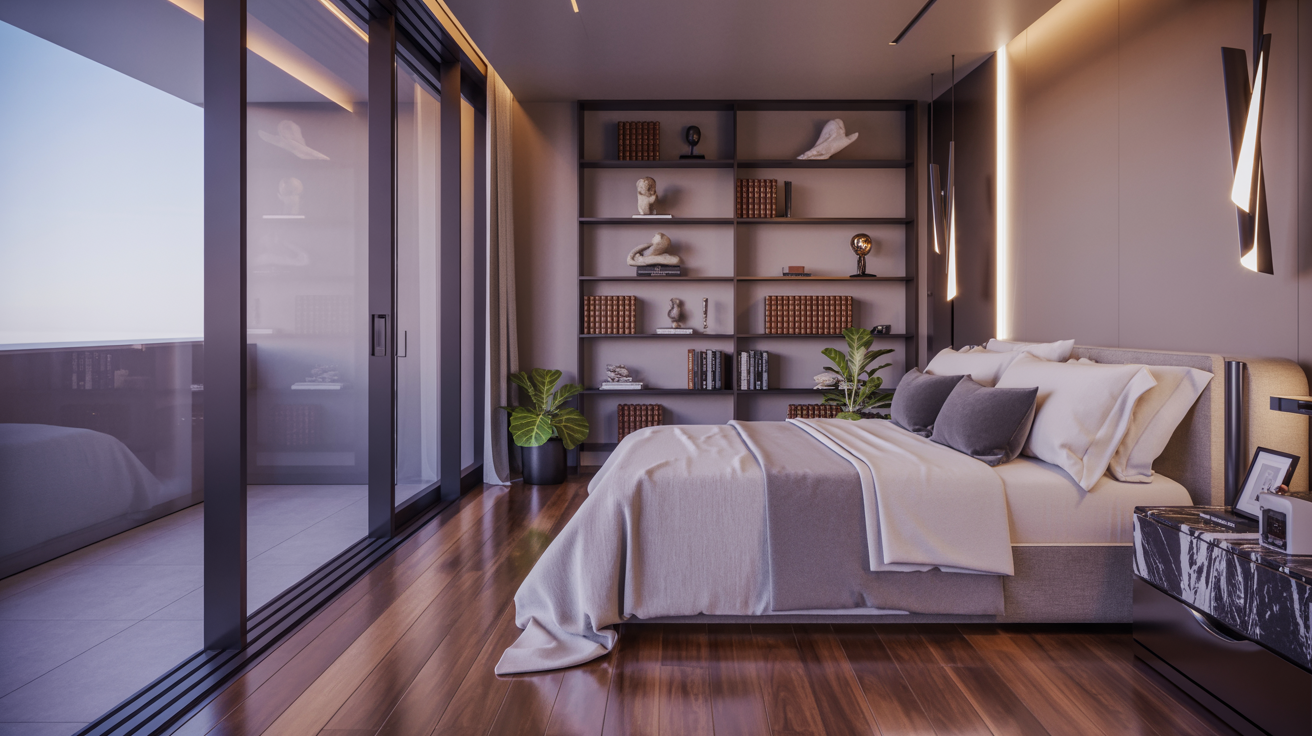 Contemporary bedroom design showcasing a large bed and warm wooden flooring.