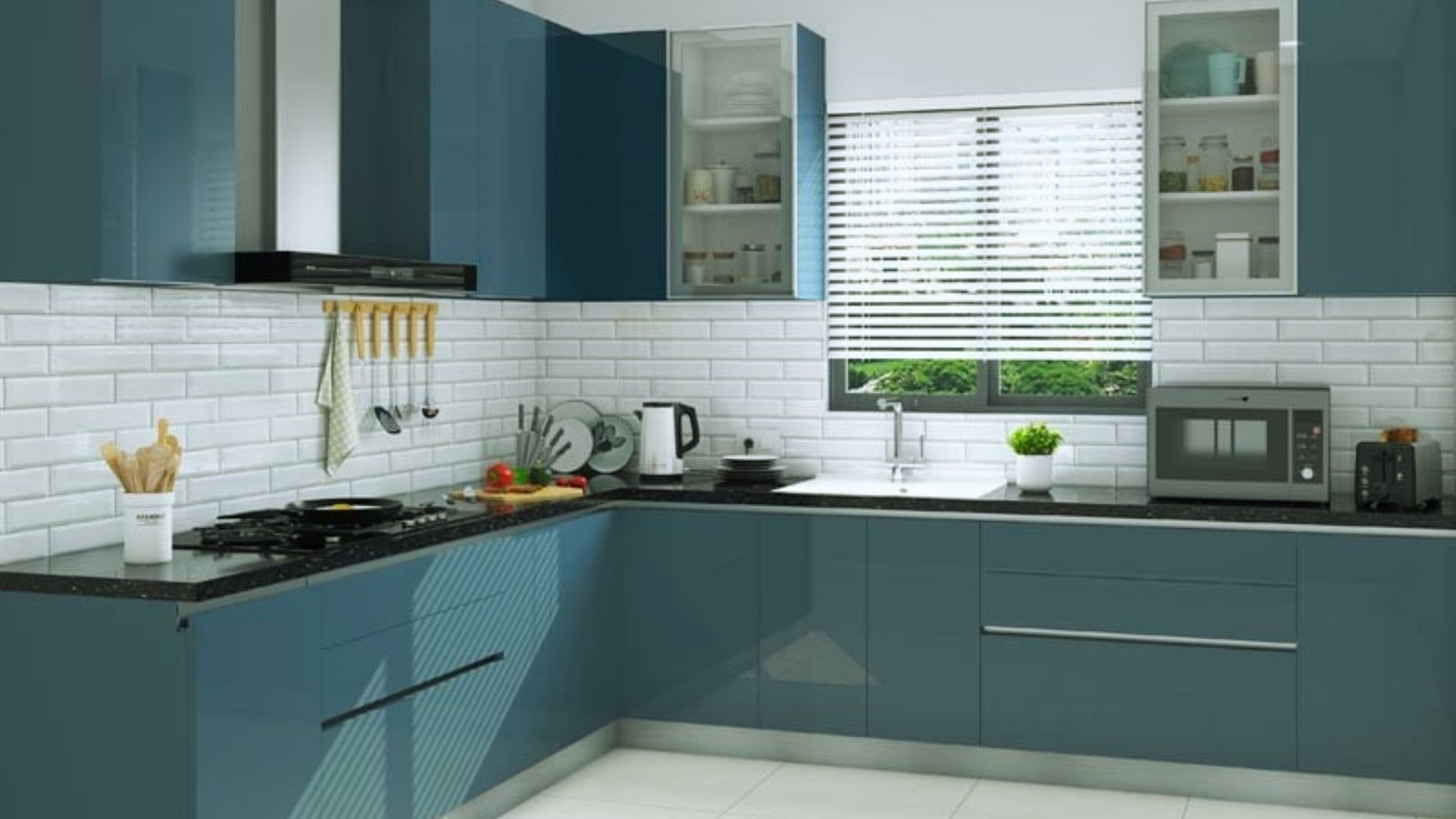 A modern kitchen featuring blue cabinets and white tile flooring, creating a bright and inviting atmosphere.