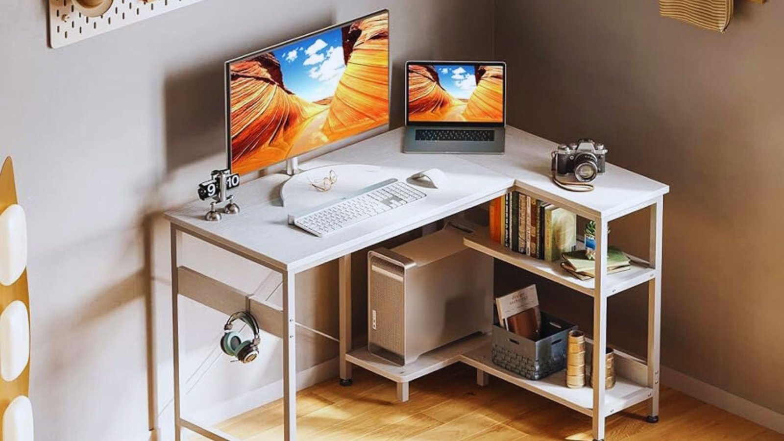 A computer desk featuring a monitor and keyboard, arranged for work or study purposes.