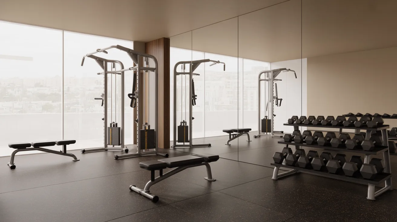 A well-equipped gym room showcasing weights and mirrors, designed for fitness training and exercise.