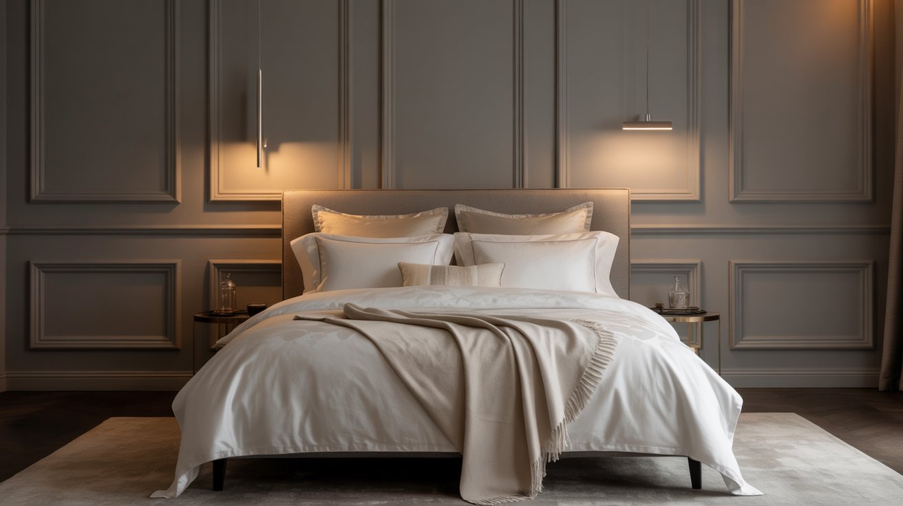 A serene bedroom scene with a comfortable bed and a stylish lamp illuminating the space.
