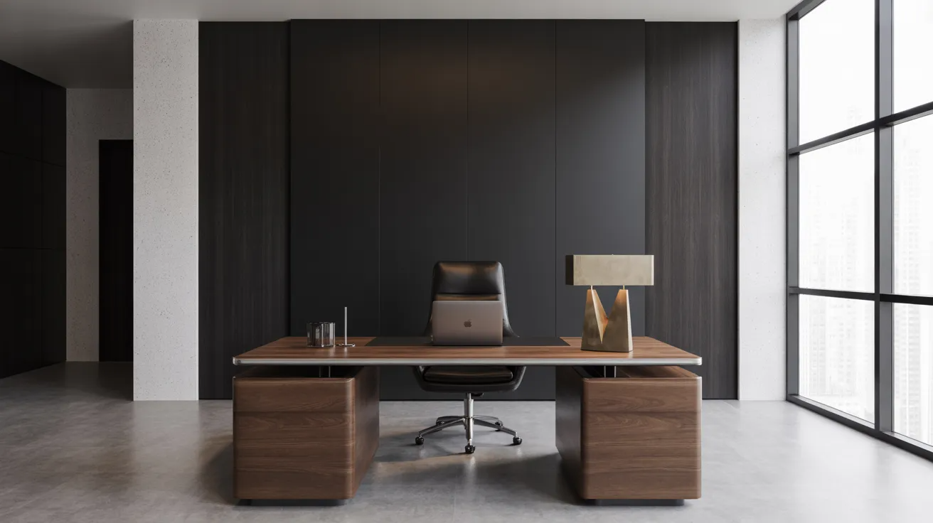 Stylish office interior with dark walls and a wooden desk, reflecting a modern and professional environment.