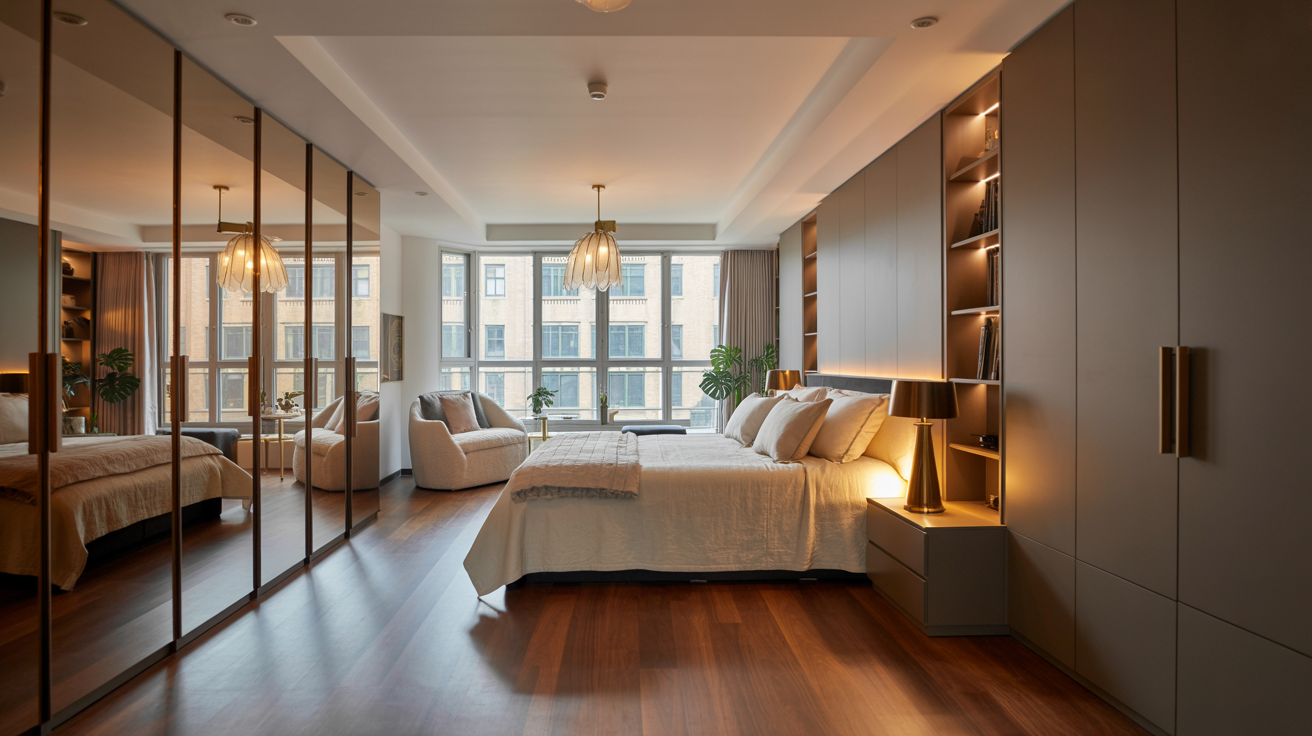 A cozy bedroom featuring a bed, a mirror, and a large window allowing natural light to enter the space.