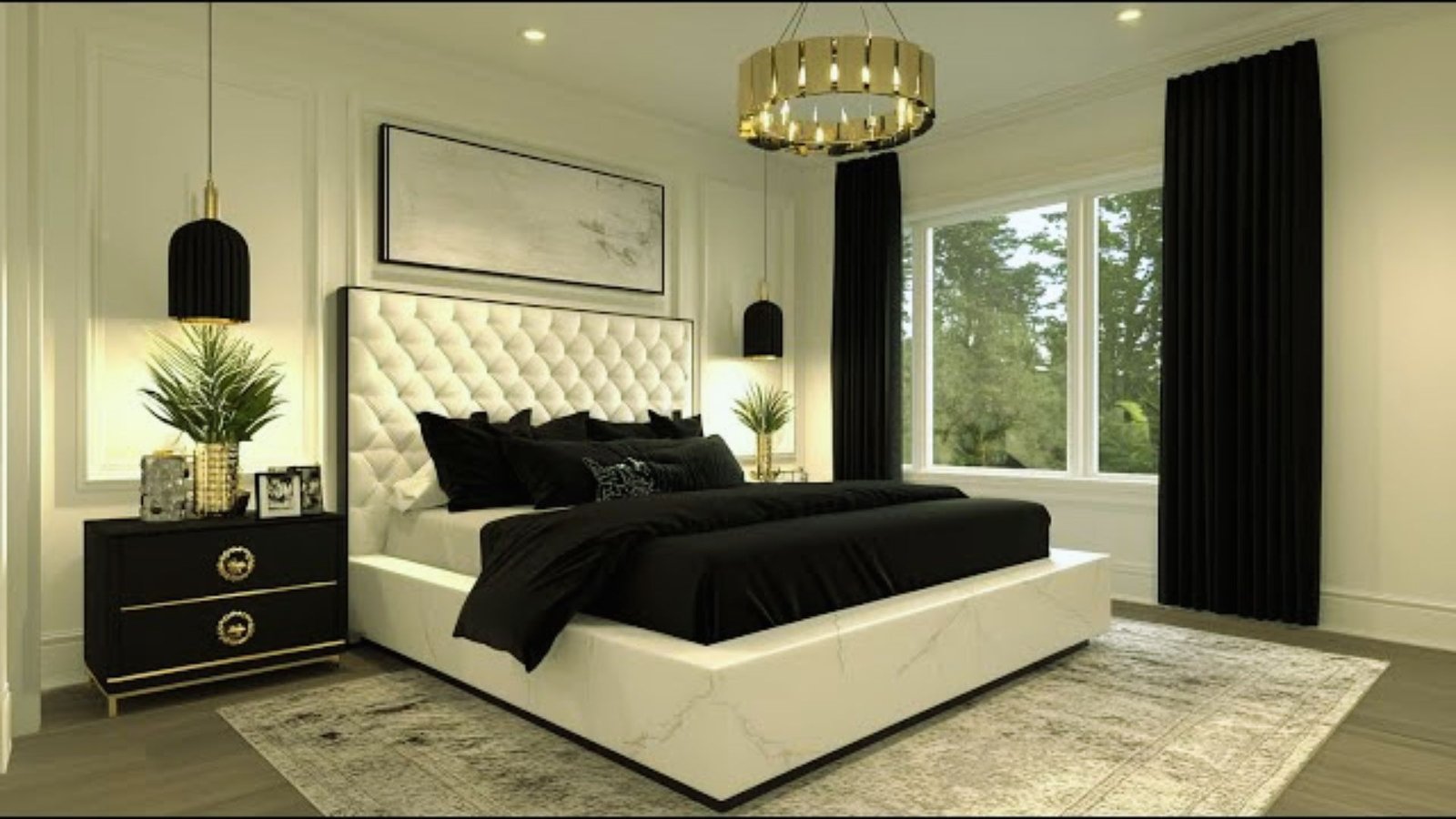 A stylish modern bedroom with a black and white theme, featuring minimalist design and chic decorative touches.