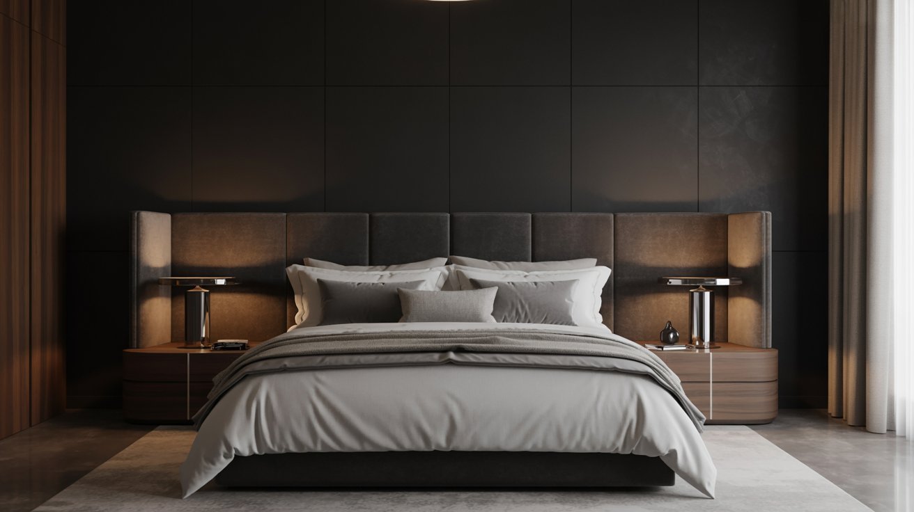 A modern bedroom featuring a neatly made bed and a stylish lamp beside it, creating a cozy atmosphere.