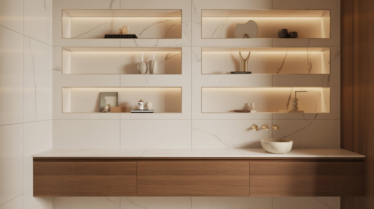 A clean bathroom with a sink and organized shelves displaying various bathroom essentials.