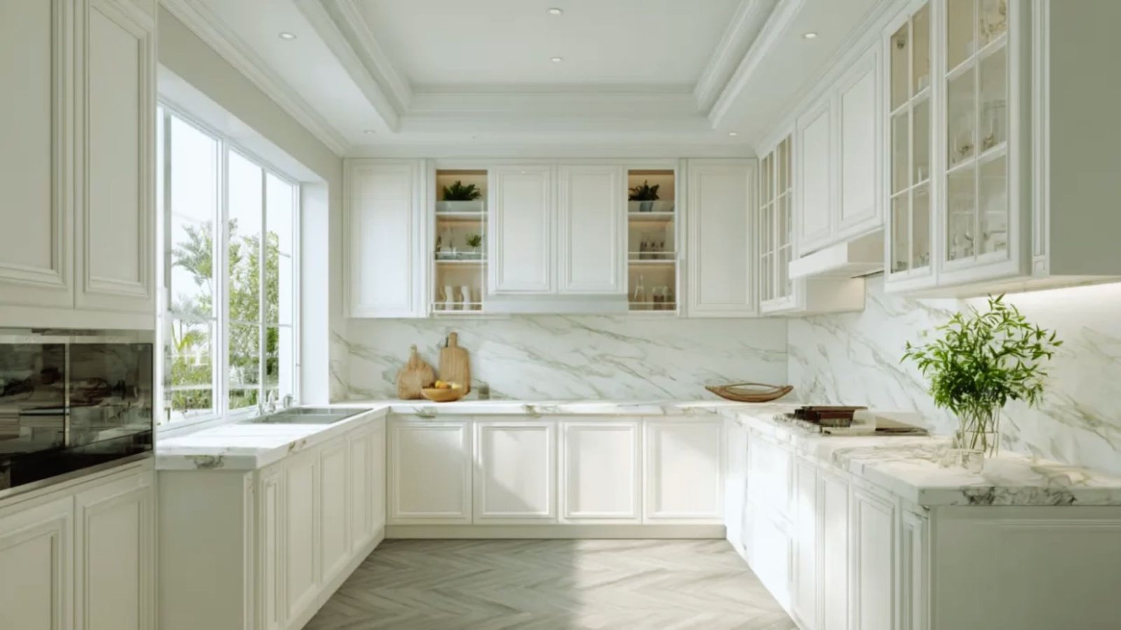 A bright white kitchen featuring elegant marble countertops and sleek white cabinets.