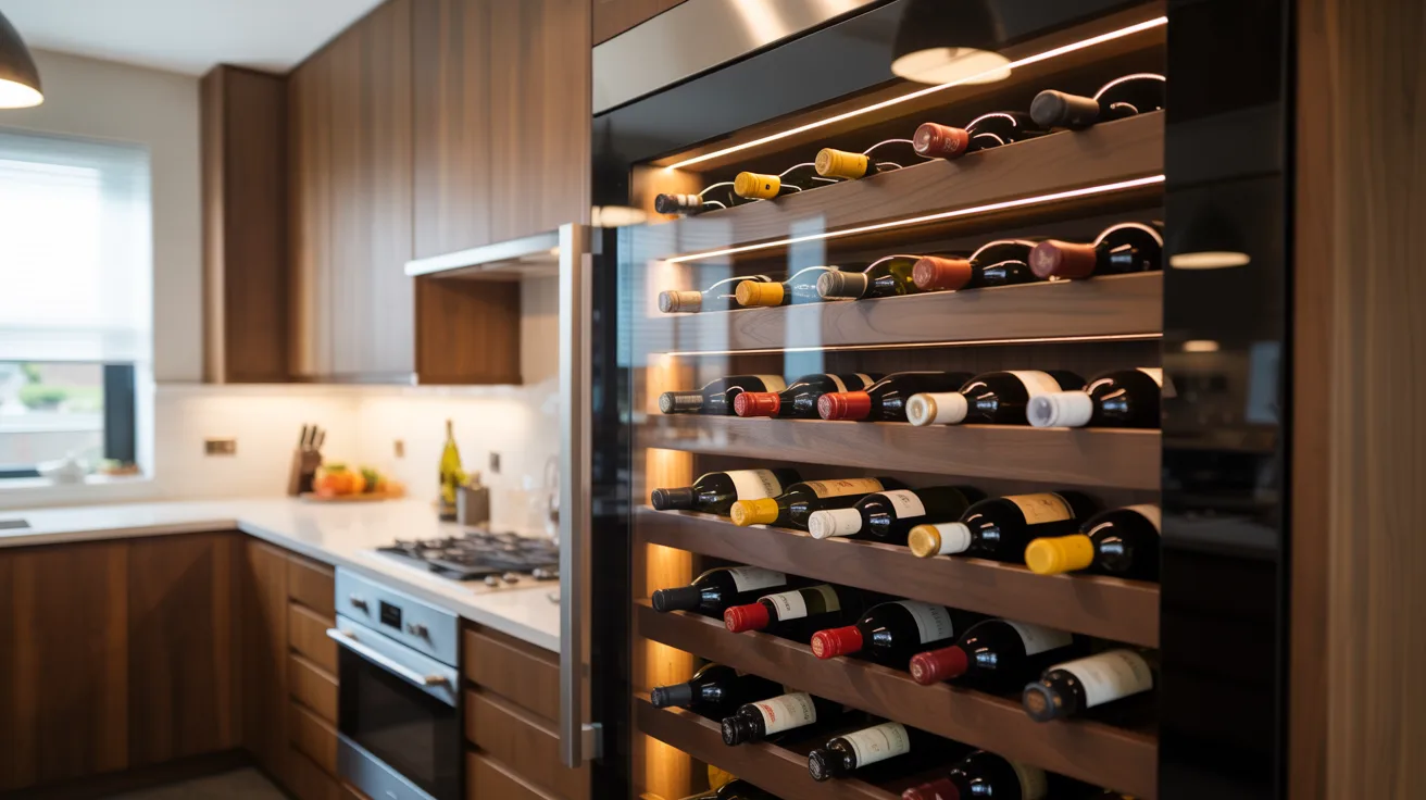 A kitchen scene showcasing a wine rack alongside rich wooden cabinetry.
