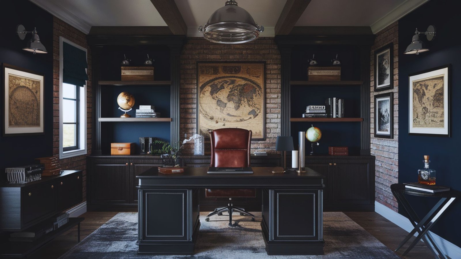 A home office featuring a rustic brick wall and dark blue walls, creating a cozy and stylish workspace atmosphere.