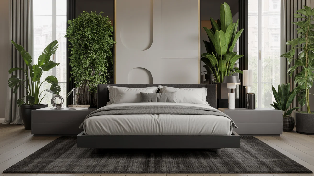 Modern bedroom featuring a grey bed, matching furniture, and decorative plants for a stylish and serene atmosphere.