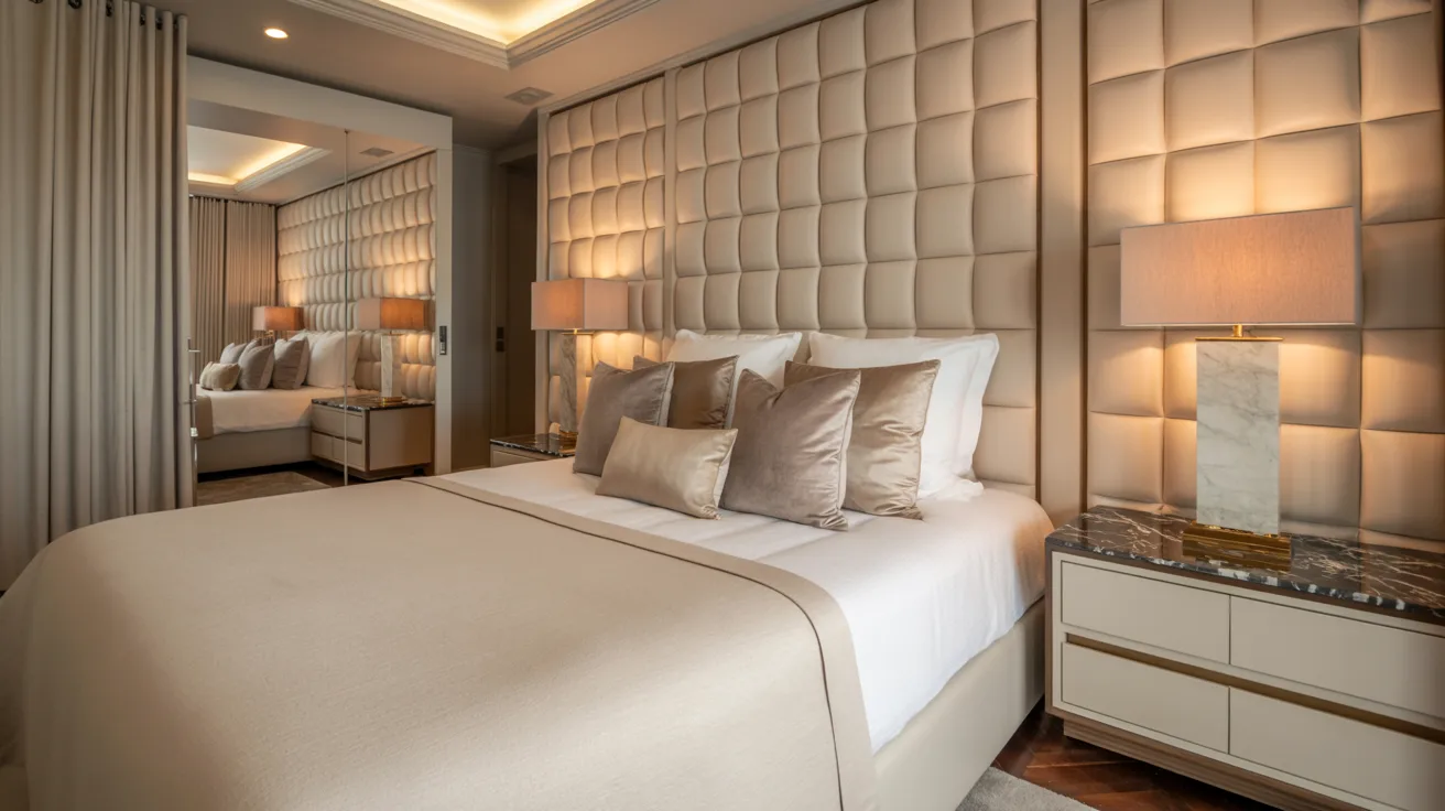 A cozy bedroom featuring a large bed and a stylish mirror reflecting the room's decor.
