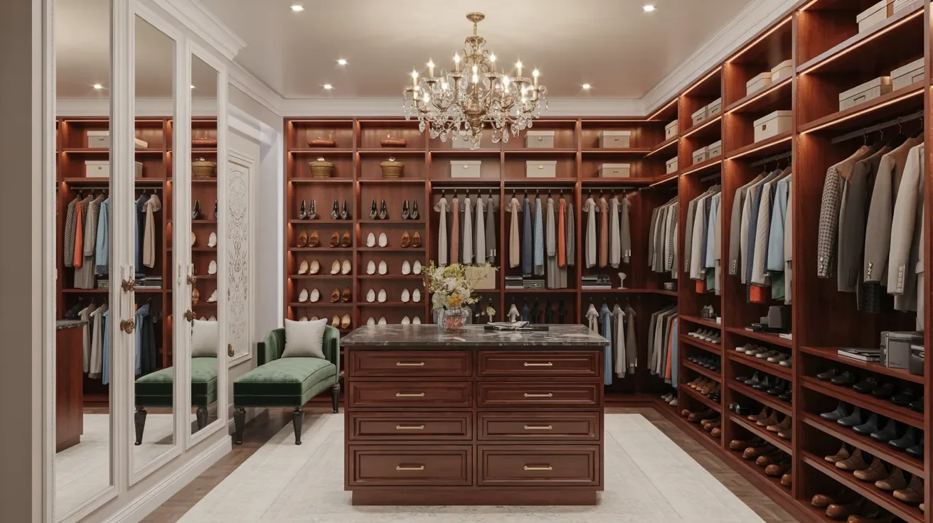 A luxurious walk-in closet adorned with a chandelier and a dresser, creating a sophisticated and organized atmosphere.