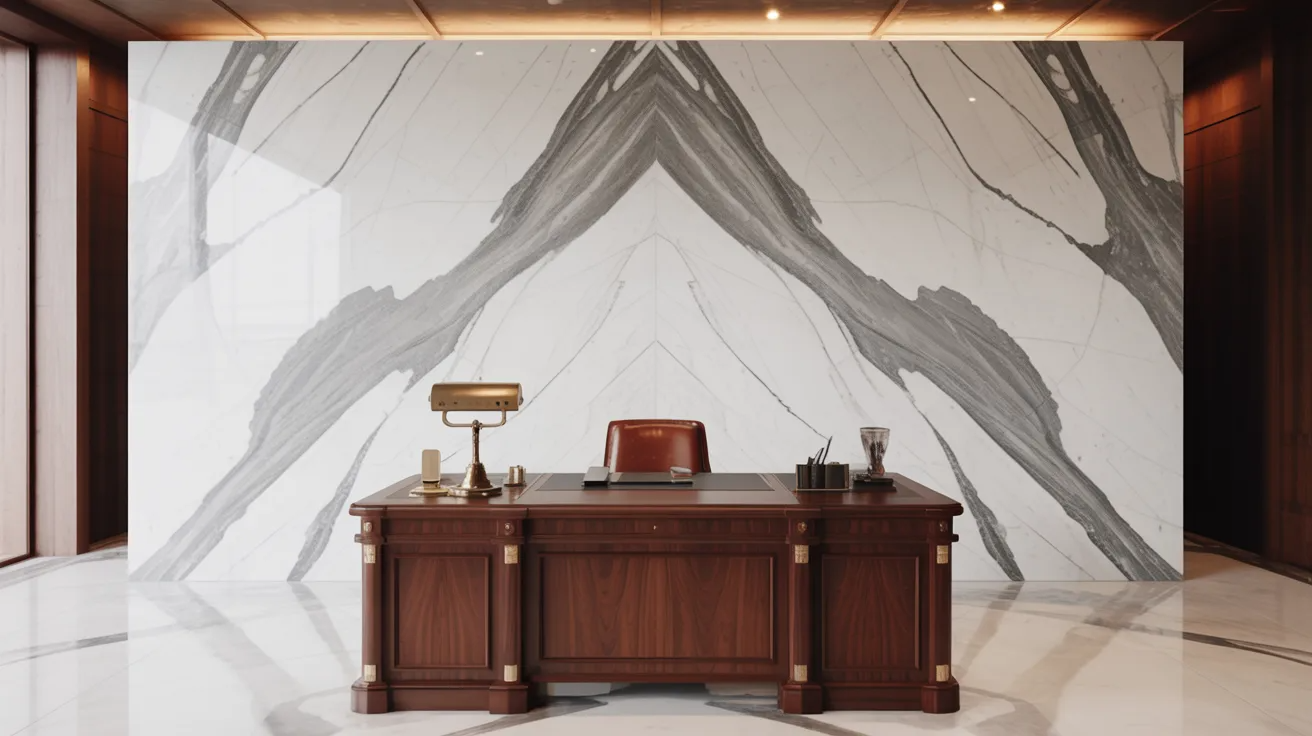 A modern office featuring a marble desk against a large wall, showcasing a sleek and professional workspace design.