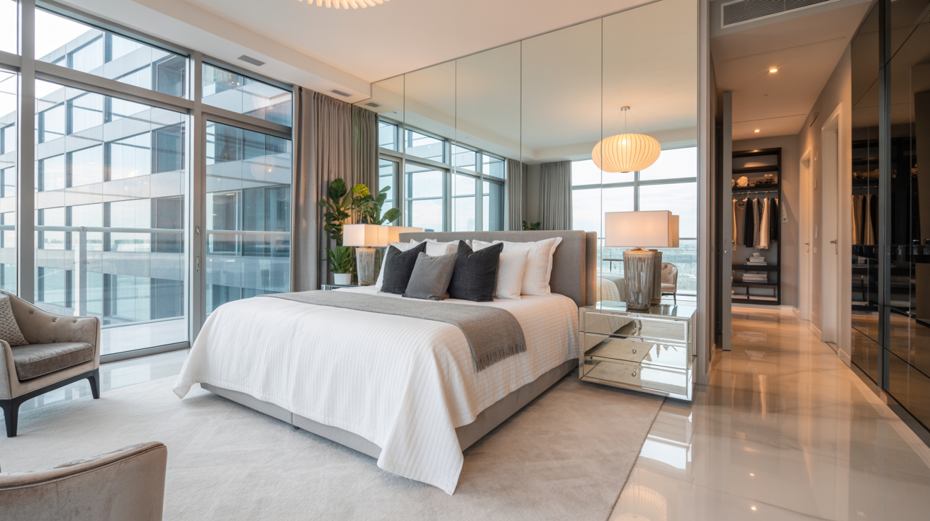 A spacious bedroom featuring a large bed and an expansive mirror reflecting the room's decor.