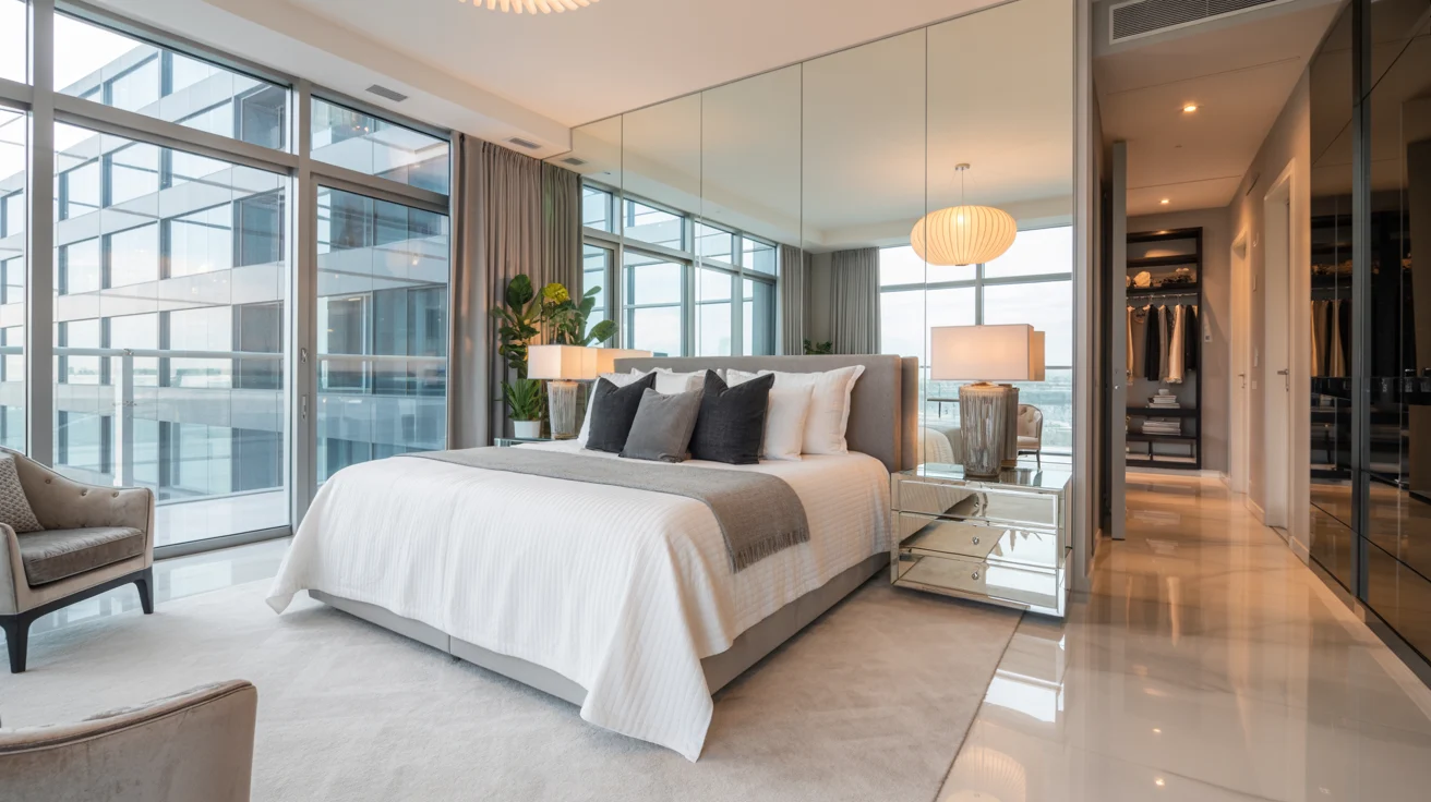 A spacious bedroom featuring a large bed and an expansive mirror reflecting the room's decor.