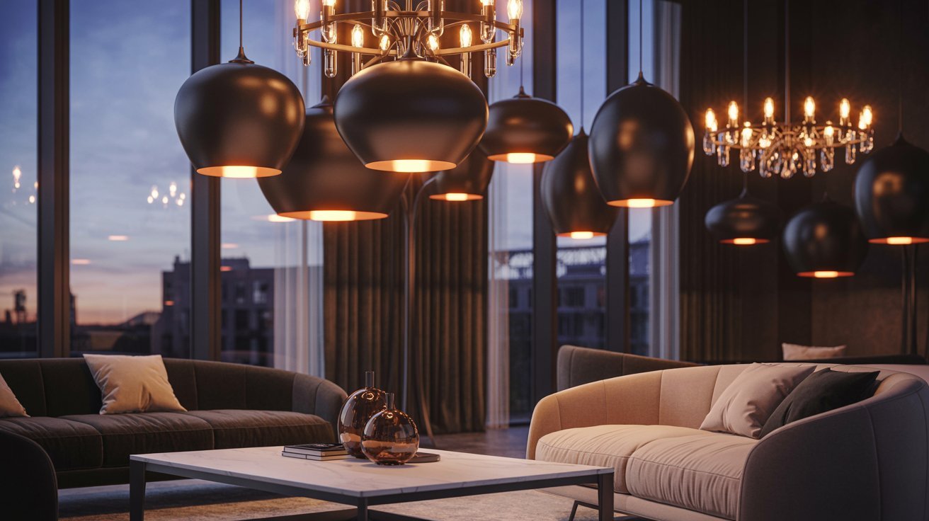 A spacious living room featuring a large chandelier elegantly hanging from the ceiling.