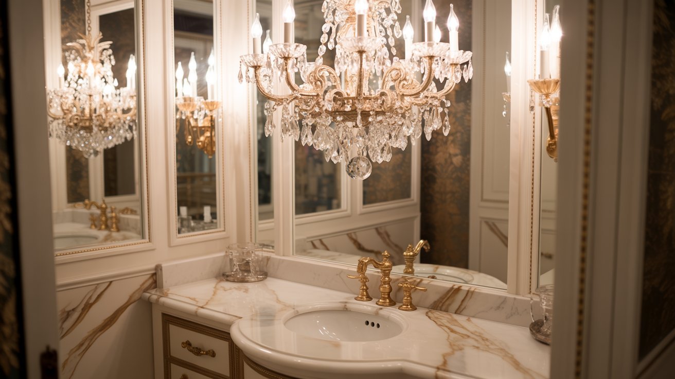 A luxurious bathroom featuring an elegant chandelier and a large mirror reflecting the stylish decor.
