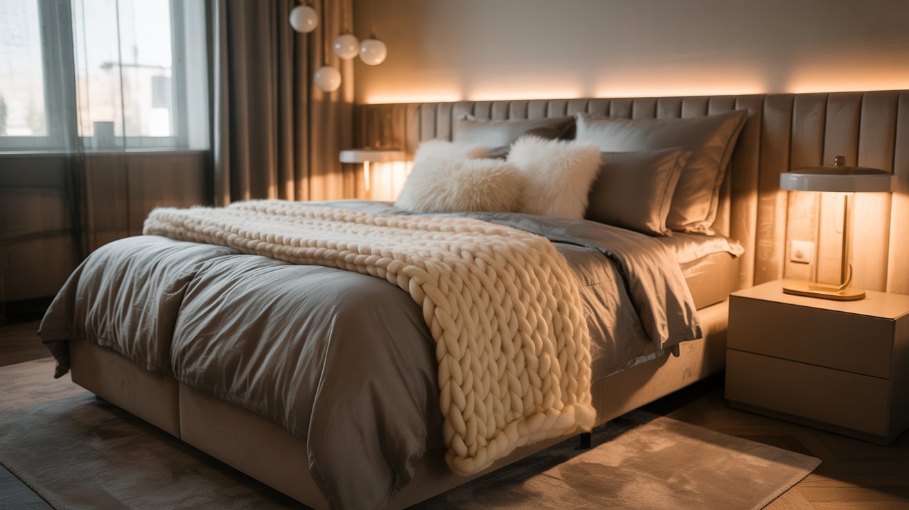 A cozy bedroom featuring a neatly made bed flanked by two stylish nightstands.