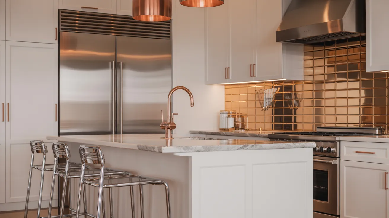 A stylish kitchen with white cabinets and elegant copper pendant lights, enhancing the contemporary design.
