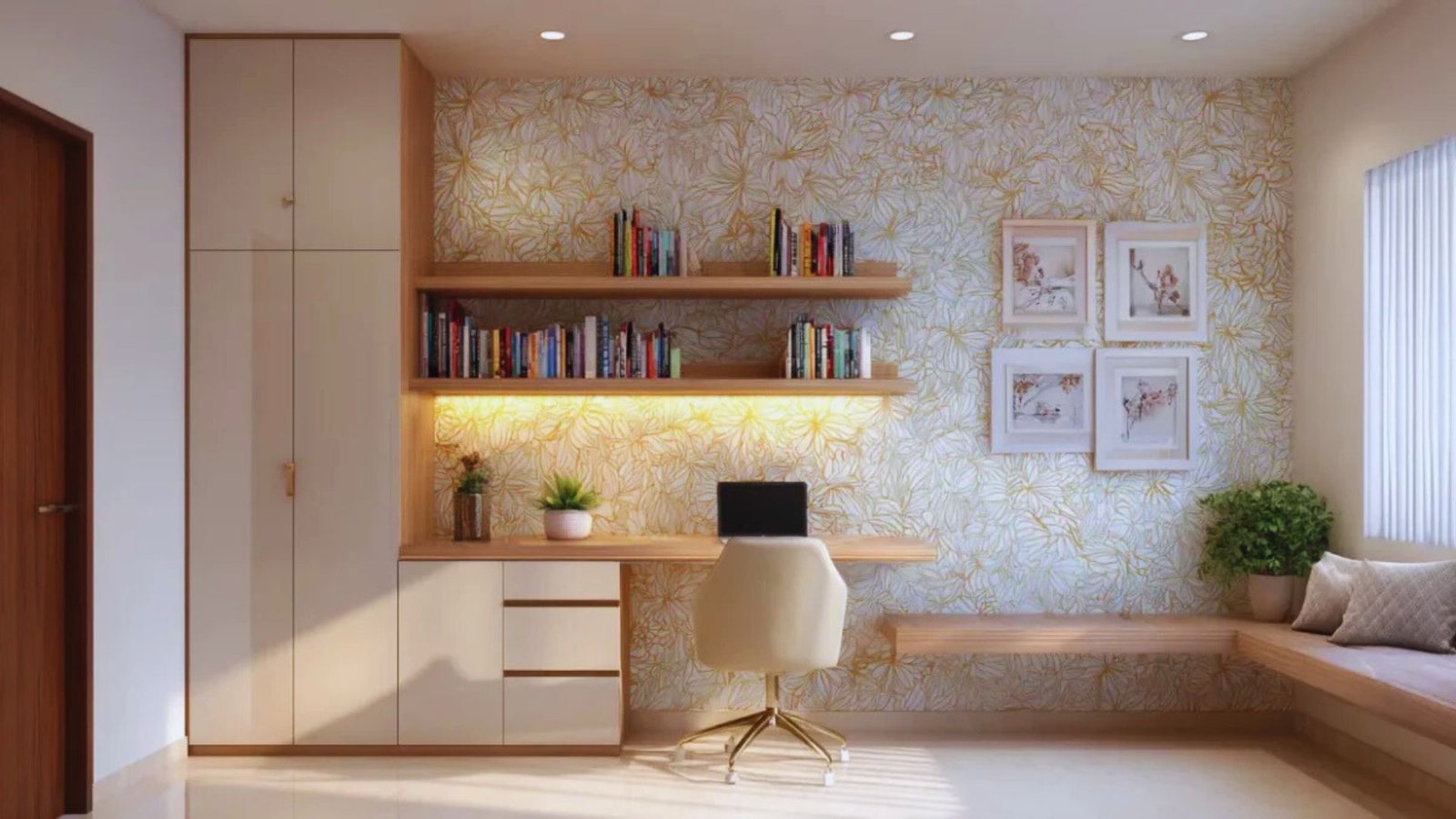 A sleek modern home office featuring a desk and a tall bookshelf filled with books.