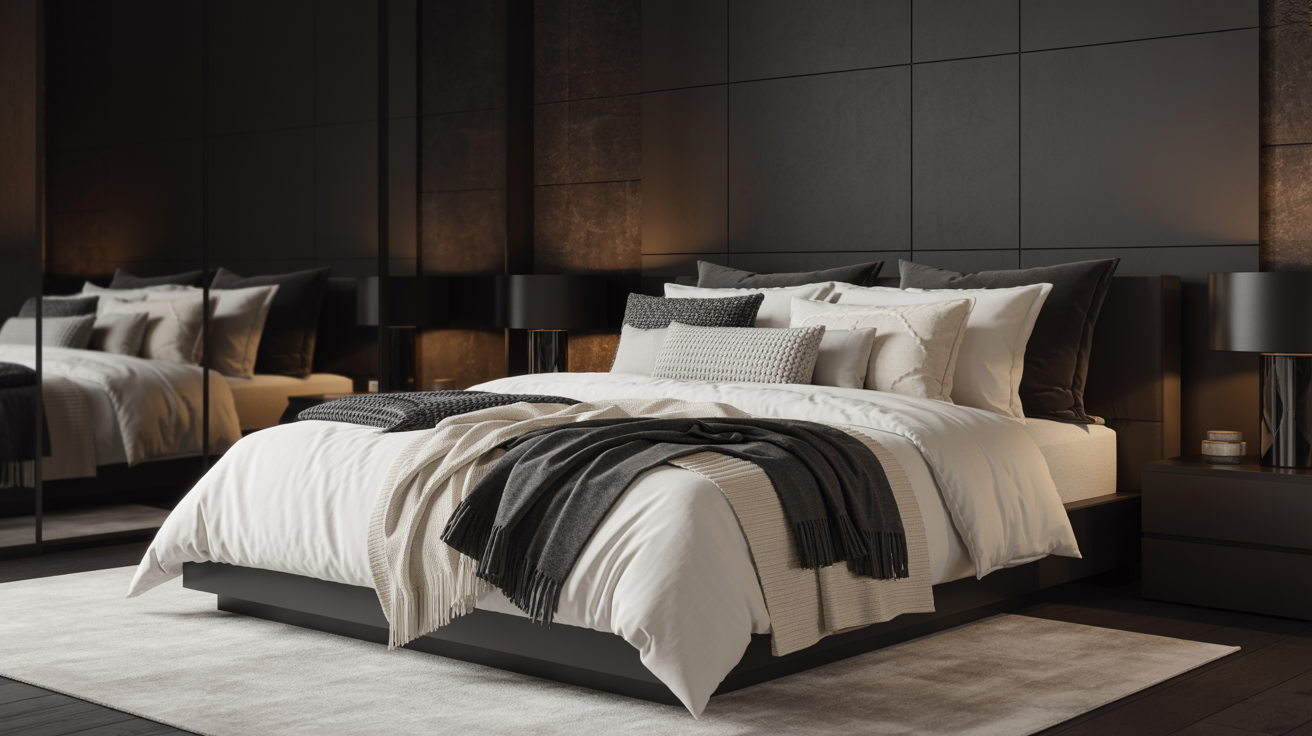 A modern bedroom featuring black walls and sleek white furniture, creating a stylish and contemporary atmosphere.