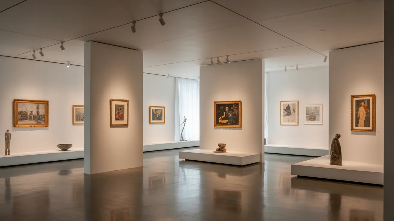 An art gallery featuring multiple paintings displayed on white walls, with visitors admiring the artwork.