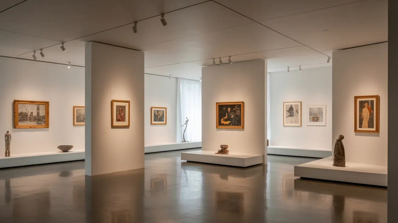 An art gallery featuring multiple paintings displayed on white walls, with visitors admiring the artwork.