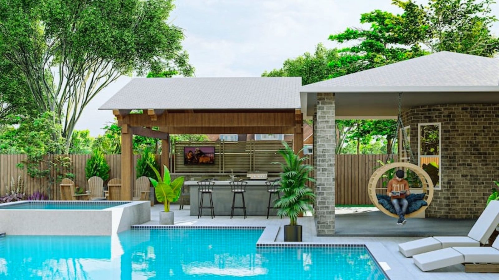 A serene pool area featuring a gazebo and several lounge chairs for relaxation.