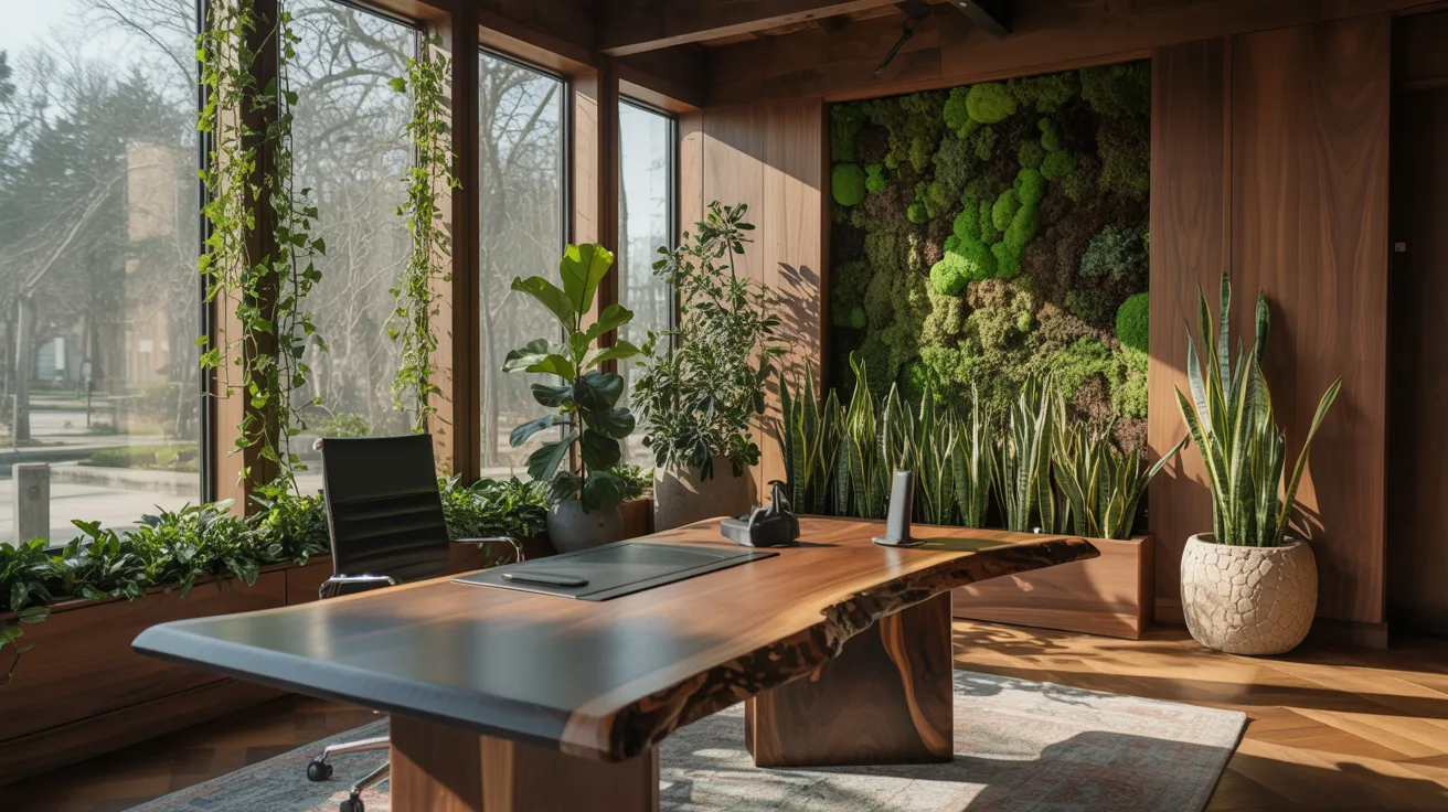 A contemporary office space with a stylish desk and several green plants, creating a vibrant and productive environment.