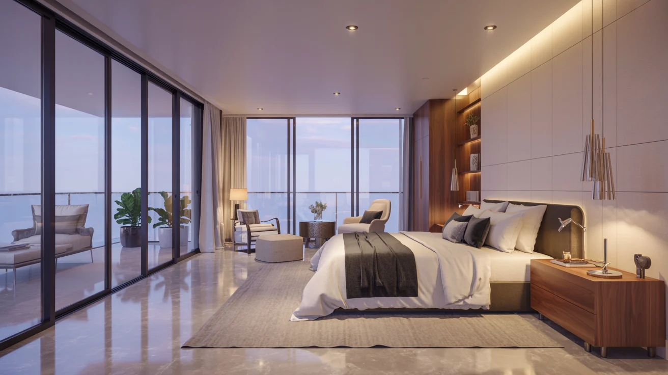 A modern bedroom featuring a large window with a stunning view of the ocean.