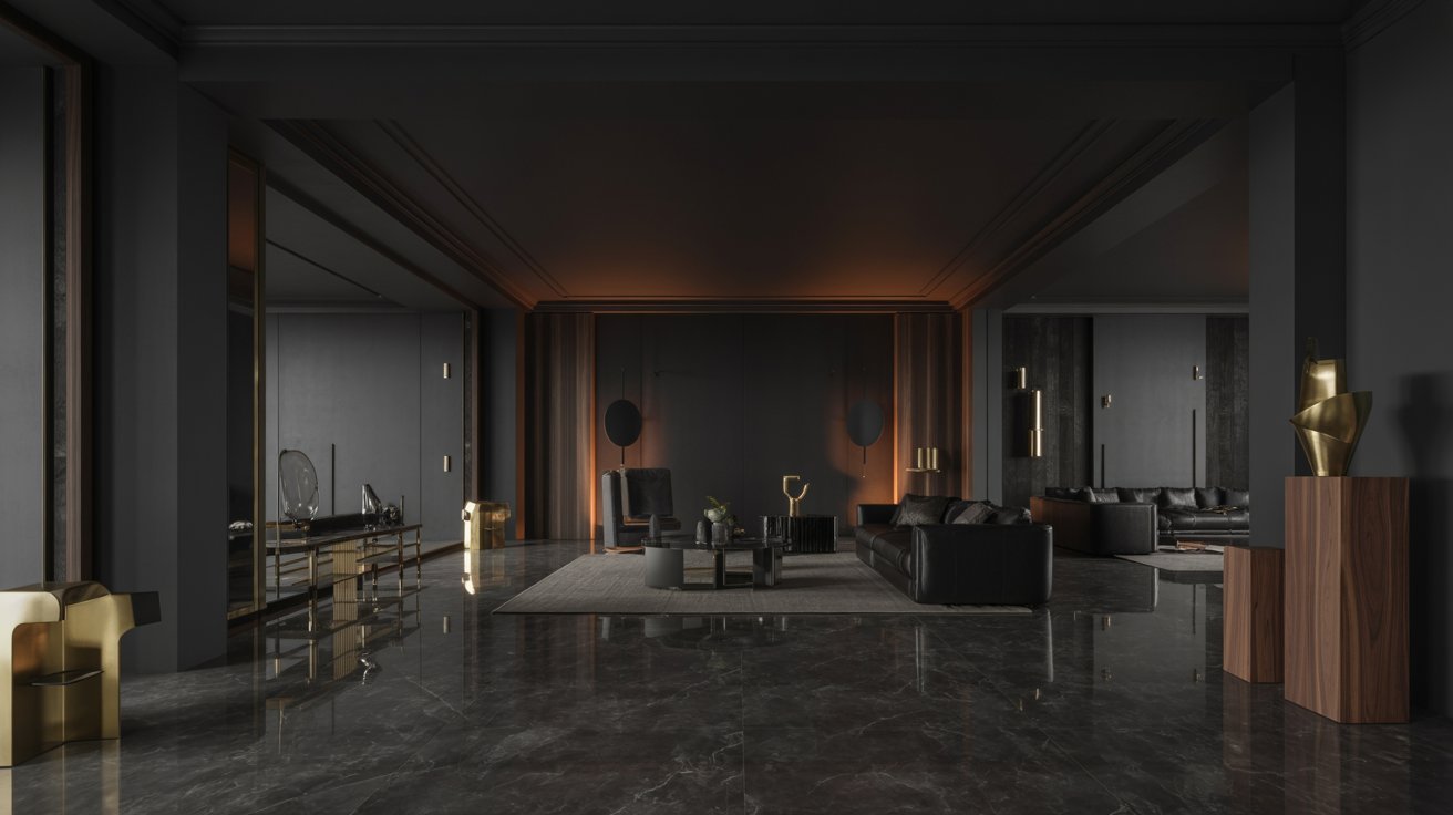 A modern living room featuring black walls and elegant gold accents, creating a stylish and sophisticated atmosphere.