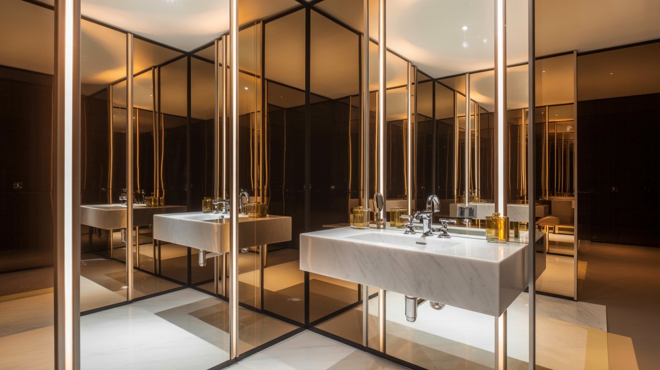 A modern bathroom showcasing multiple mirrors and sophisticated gold accents.