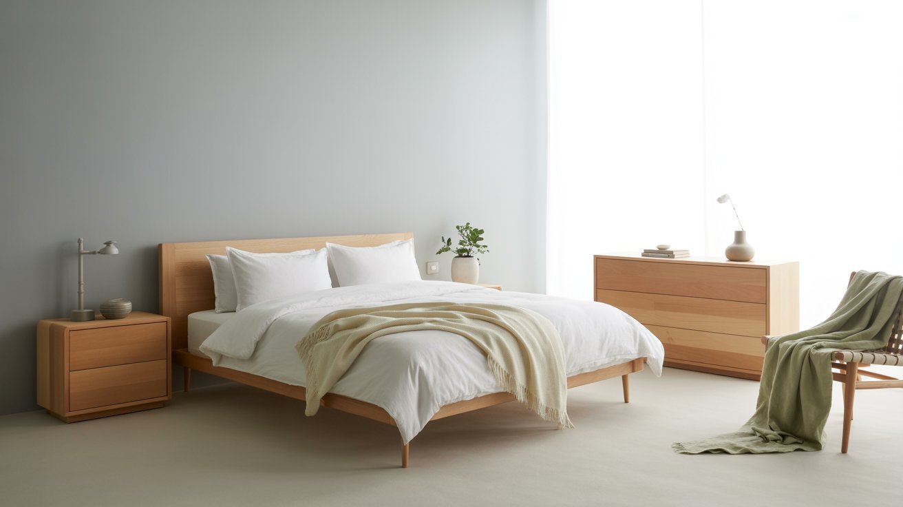 A modern bedroom featuring a neatly made bed and a stylish nightstand beside it.
