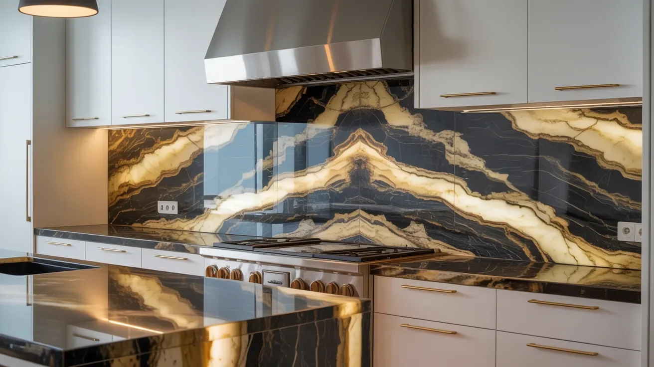 A modern kitchen featuring a marble countertop with elegant black and gold accents throughout the design.