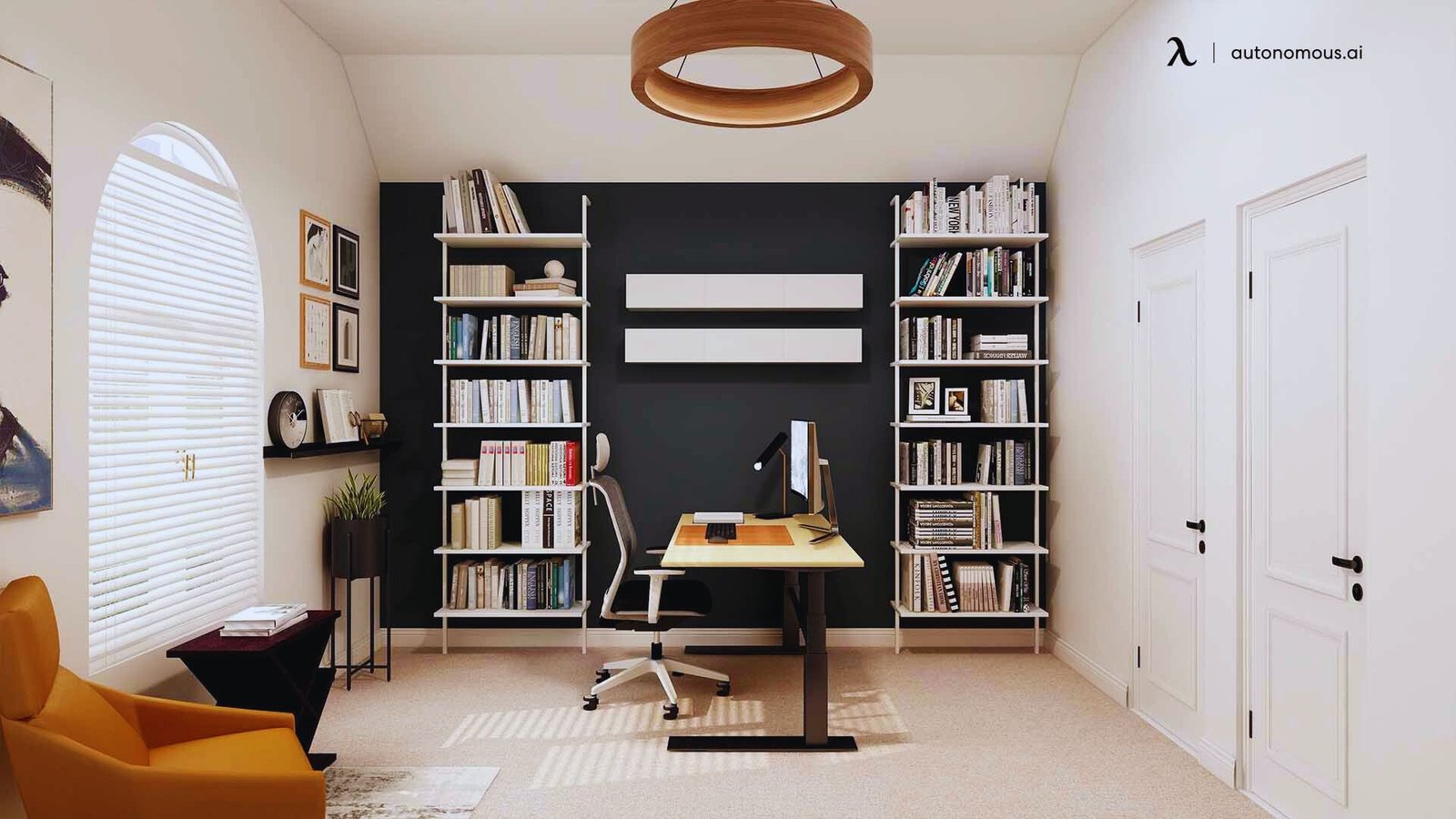 A home office featuring a desk, chair, and bookshelves filled with books and decorative items.