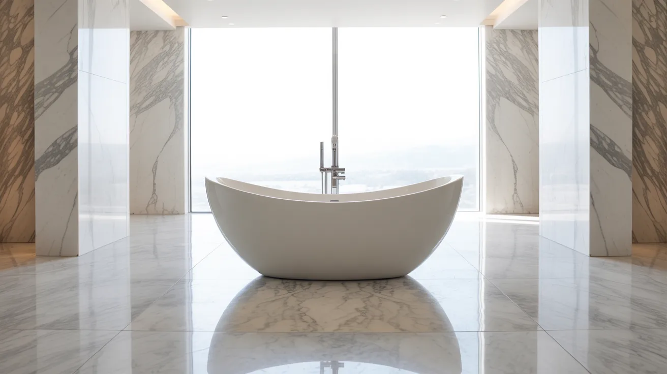 A large white bathtub sits in a marble-floored bathroom, showcasing a luxurious and elegant design.